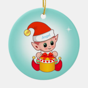 Cute Christmas elf & star on light blue Ceramic Ornament