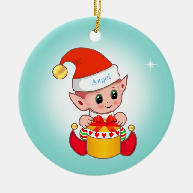 Cute Christmas elf & star on light blue Ceramic Ornament (Front)