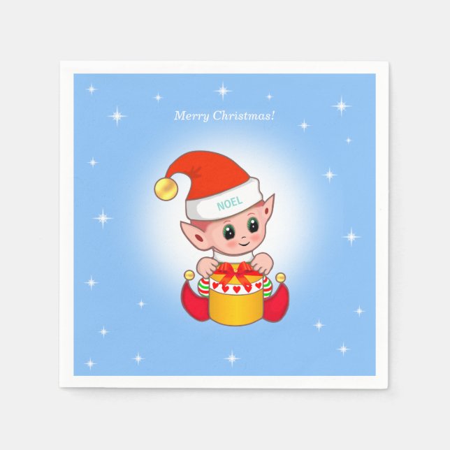 Cute Christmas elf & stars on light blue Napkin (Front)