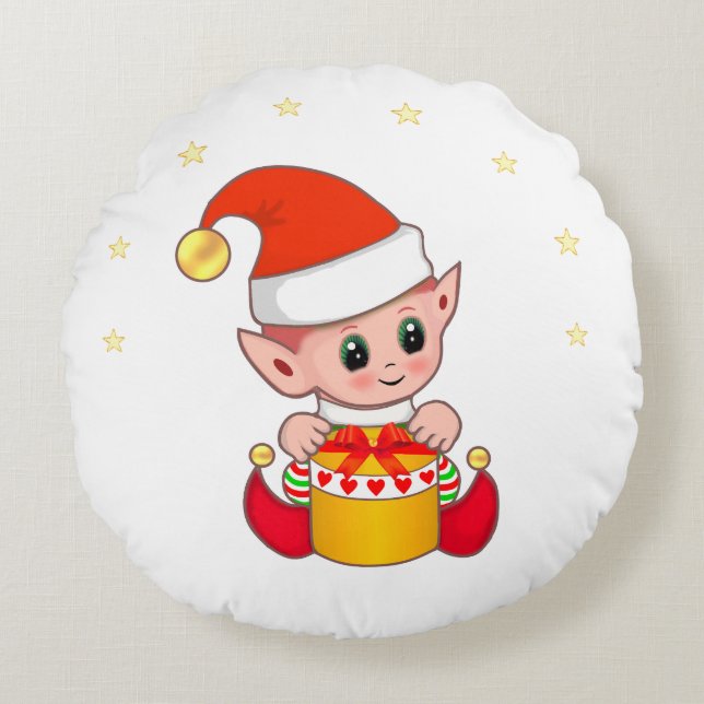 Cute Christmas Elf  & Stars Round Cushion (Front)