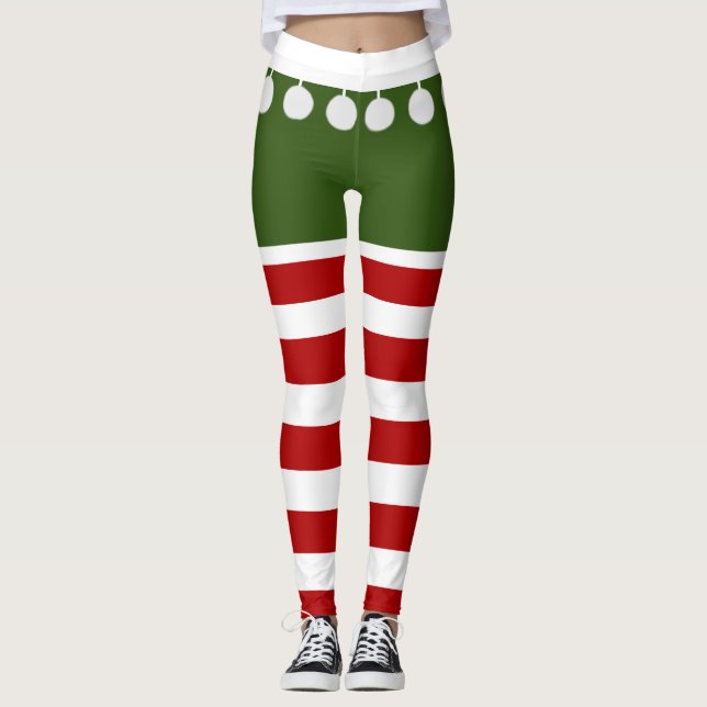 Cute Christmas Elf Stripes Fun Tassel Costume Leggings (Front)