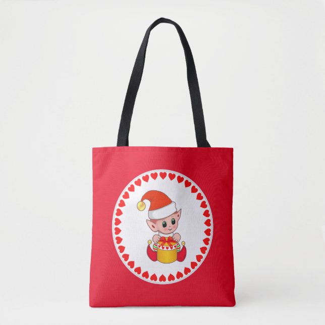 Cute Christmas elf surrounded by hearts on red Tote Bag (Front)