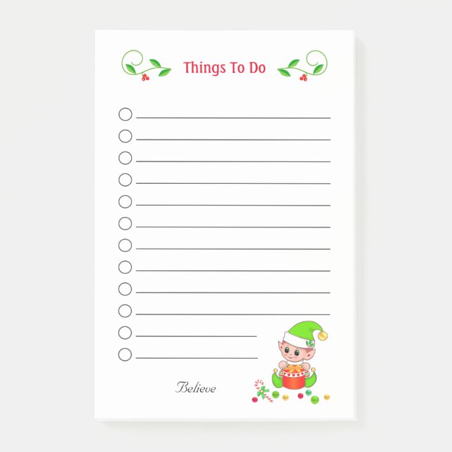 Cute Christmas Elf Things To Do Post-it Notes (Front)