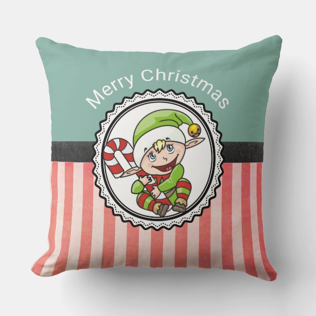 Cute Christmas Elf with Candy Cane Merry Christmas Cushion (Front)
