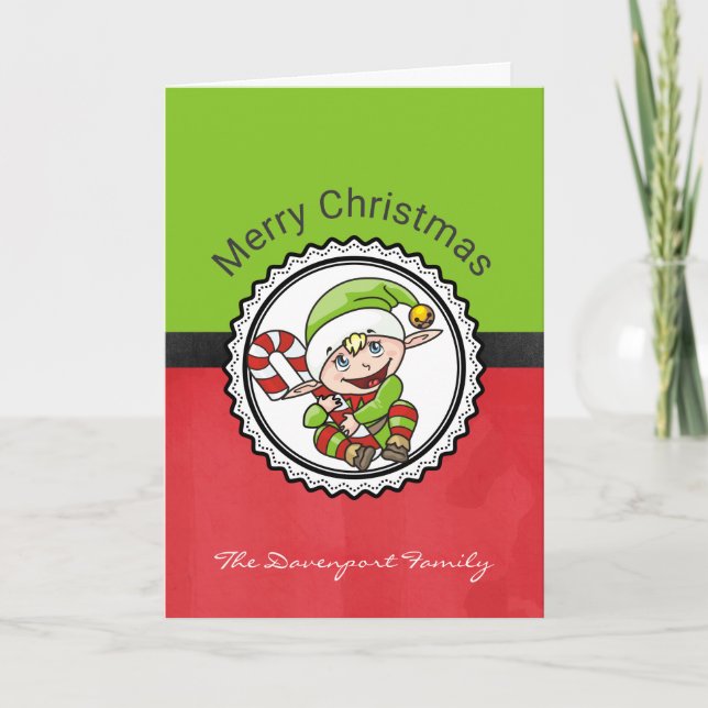 Cute Christmas Elf with Candy Cane Merry Christmas Holiday Card (Front)