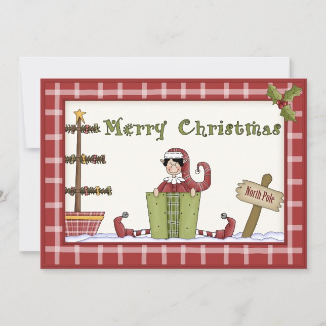 Cute Christmas Elf with Present Party Invitation (Front)