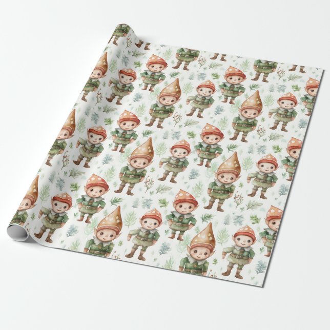 Cute Christmas Elf Wrapping Paper (Unrolled)