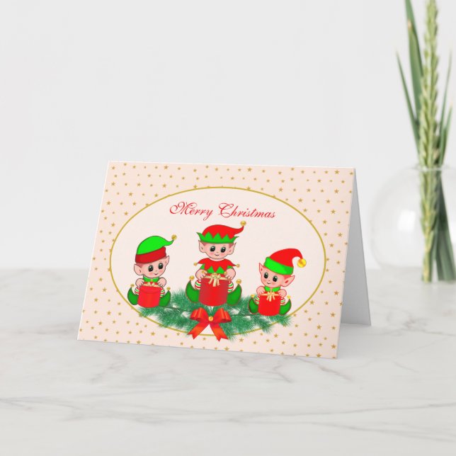 Cute Christmas Elves & Golden Stars Card (Front)
