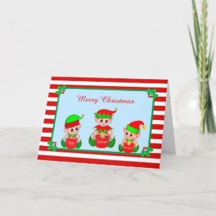 Cute Christmas Elves & Red White Striped Card