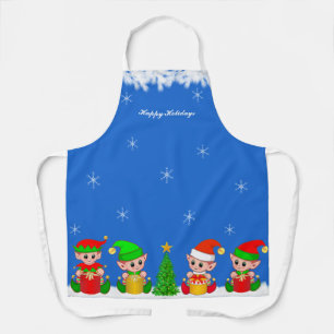 Cute Christmas Elves & Snowflakes on Blue Apron