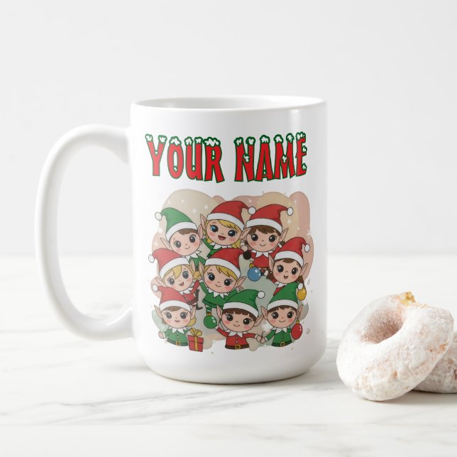 Cute Christmas Elves Squad Cartoon Illustration Coffee Mug (With Donut)