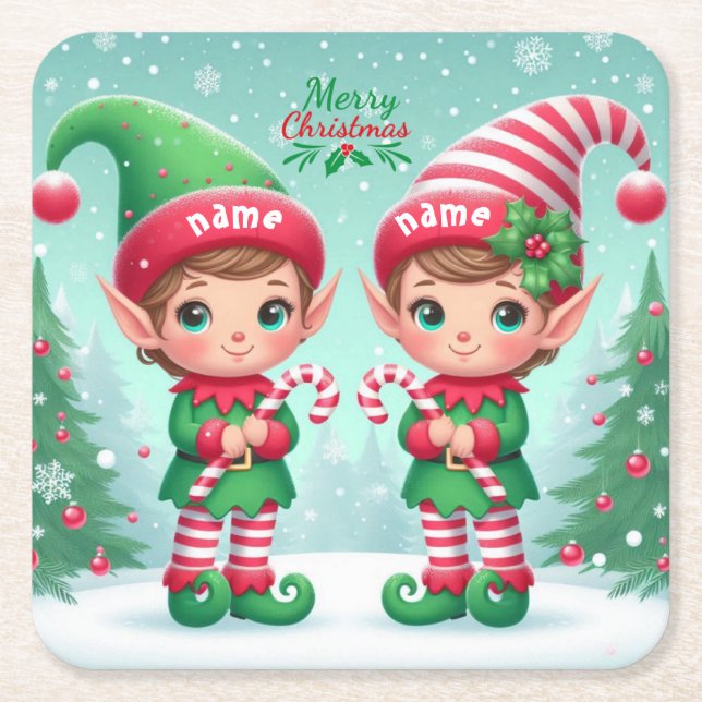 Cute Christmas elves  Square Paper Coaster (Front)