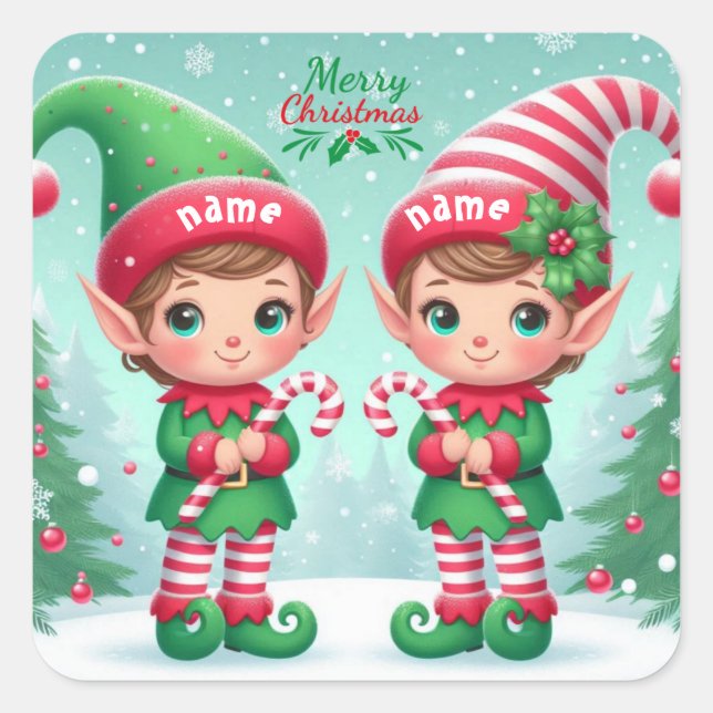 Cute Christmas elves  Square Sticker (Front)