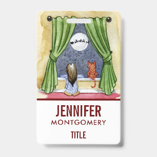 Cute Christmas Eve Child & Kitty Cat Watercolor ID Badge