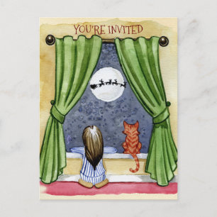 Cute Christmas Eve Child & Kitty Cat Watercolor Postcard