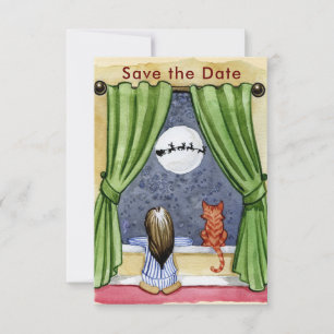 Cute Christmas Eve Child & Kitty Cat Watercolor Save The Date