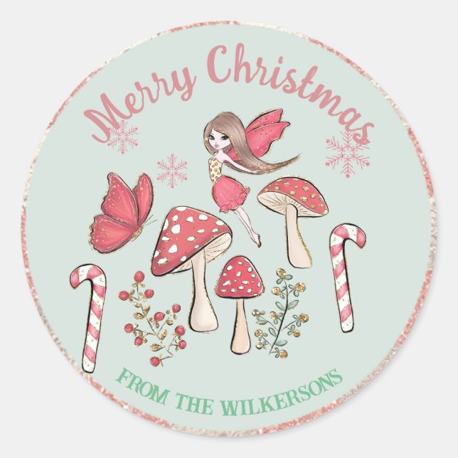 Cute Christmas Fairy and Mushrooms Classic Round Sticker (Front)