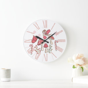 Cute Christmas Fairy and Mushrooms Large Clock