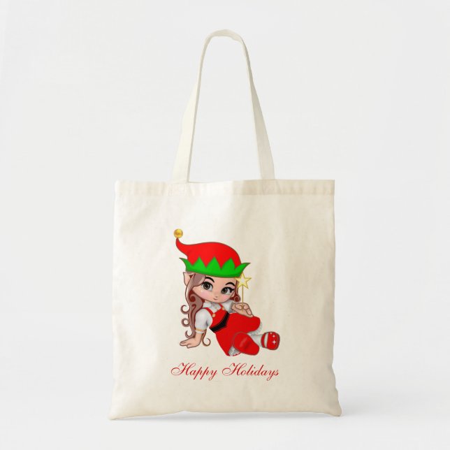 Cute Christmas Fairy Elf & Editable Text Tote Bag (Front)