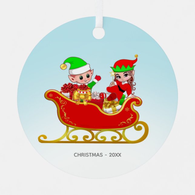 Cute Christmas Fairy & Elf on Sleigh Metal Tree Decoration (Front)