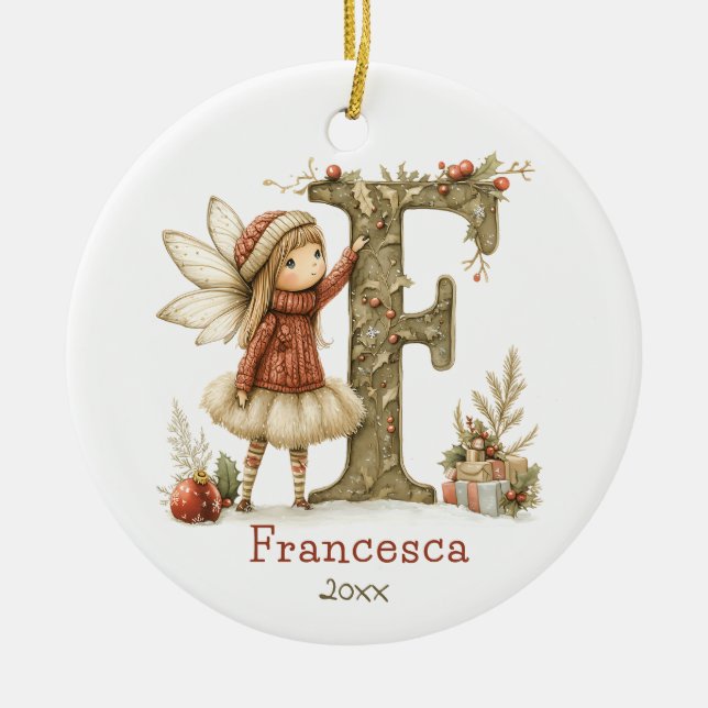 Cute Christmas Fairy Initial Customised Keepsake Ceramic Ornament (Front)