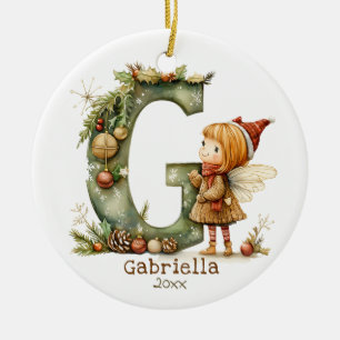 Cute Christmas Fairy Initial 'G' Custom Keepsake Ceramic Ornament