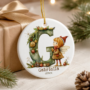 Cute Christmas Fairy Initial 'G' Custom Keepsake Ceramic Ornament