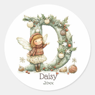 Cute Christmas Fairy Initial Personalised Holiday Classic Round Sticker