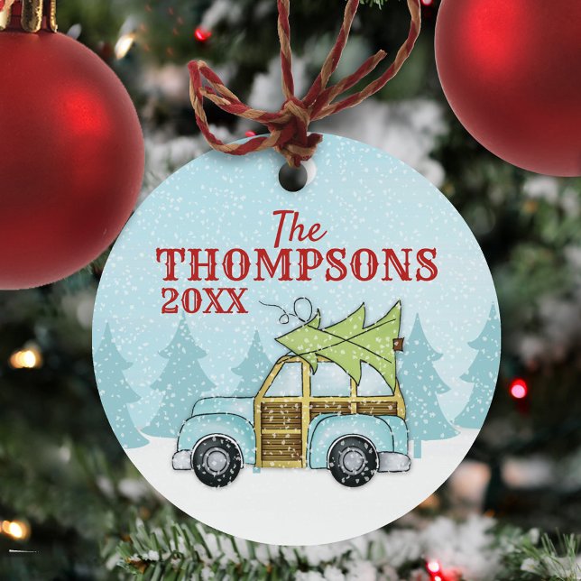 Cute Christmas Family Car Personalised Metal Tree Decoration (Winter blue car with Christmas tree with falling snow simple circle ceramic ornament. )