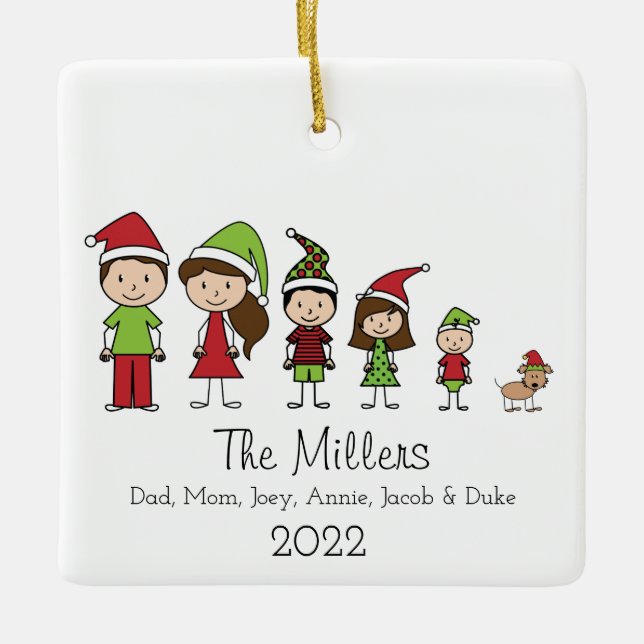 Cute Christmas Family of 5 with Dog Personalised Ceramic Ornament (Front)