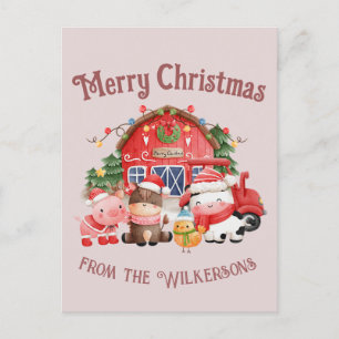 Cute Christmas Farm Animals on Blush Pink Postcard