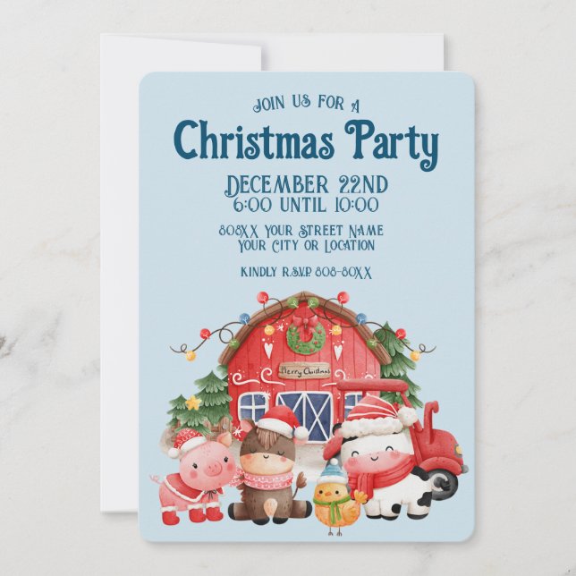 Cute Christmas Farm Animals on Light Blue Invitation (Front)