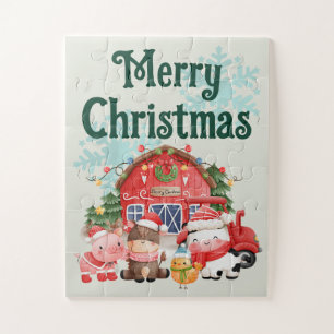 Cute Christmas Farm Animals on Sage Green Jigsaw Puzzle