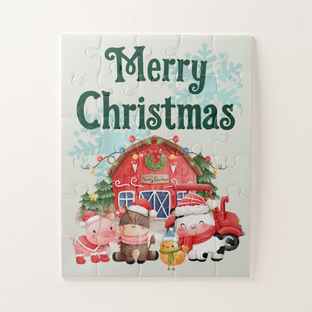 Cute Christmas Farm Animals on Sage Green Jigsaw Puzzle (Vertical)