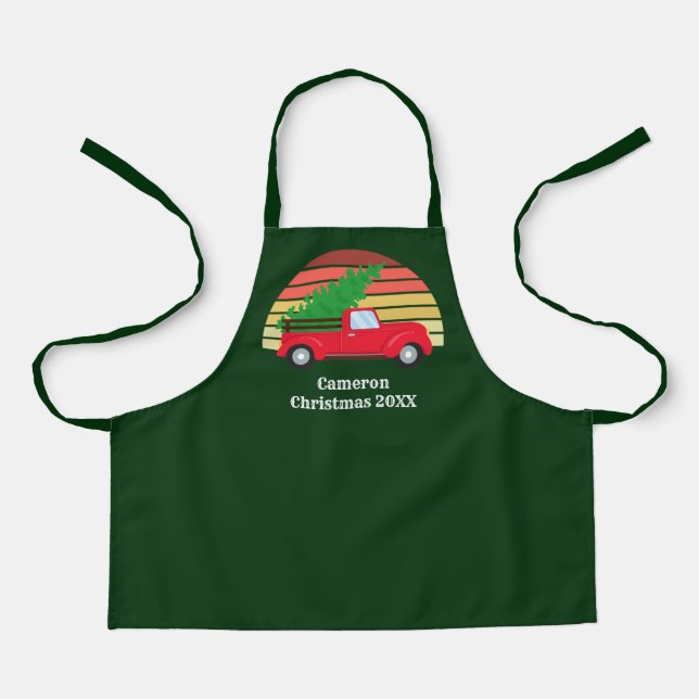 Cute Christmas Farm Truck Sunset Custom Green Kids Apron (Front)