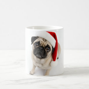 Cute Christmas Fawn Pug Santa Hat Puppy Dog Eyes Coffee Mug