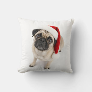 Cute Christmas Fawn Pug Santa Hat Puppy Dog Eyes Cushion