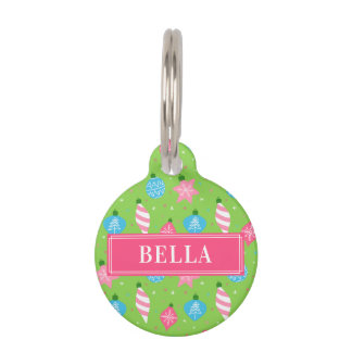 Cute Christmas Festive Green Pink Custom Dog Name Pet Tag