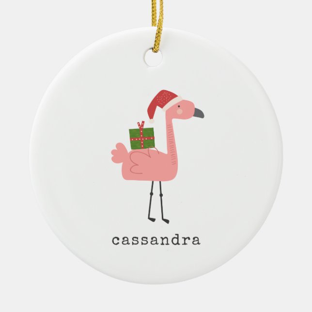 Cute Christmas Flamingo Illustration Personalised Ceramic Ornament (Front)