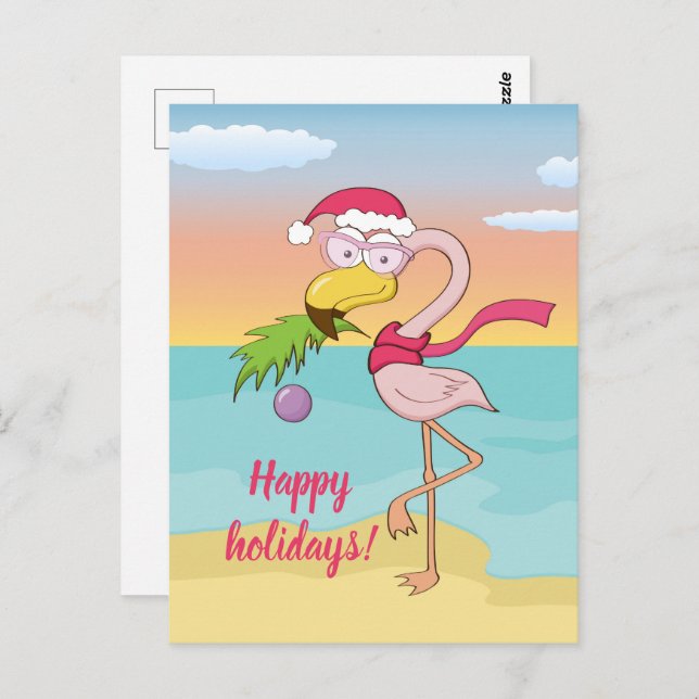 Cute Christmas flamingo on the beach personalised Postcard (Front/Back)
