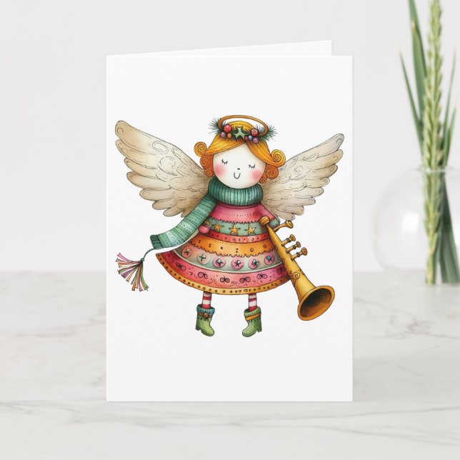 Cute Christmas Folk Art Angel Card (Front)