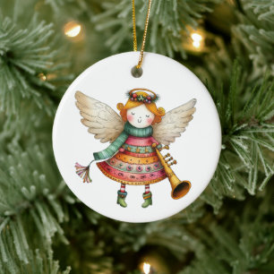Cute Christmas Folk Art Angel Ceramic Ornament