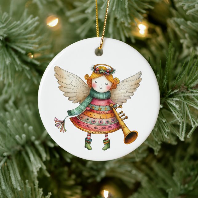 Cute Christmas Folk Art Angel Ceramic Ornament (Tree)