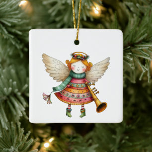 Cute Christmas Folk Art Angel Ceramic Ornament