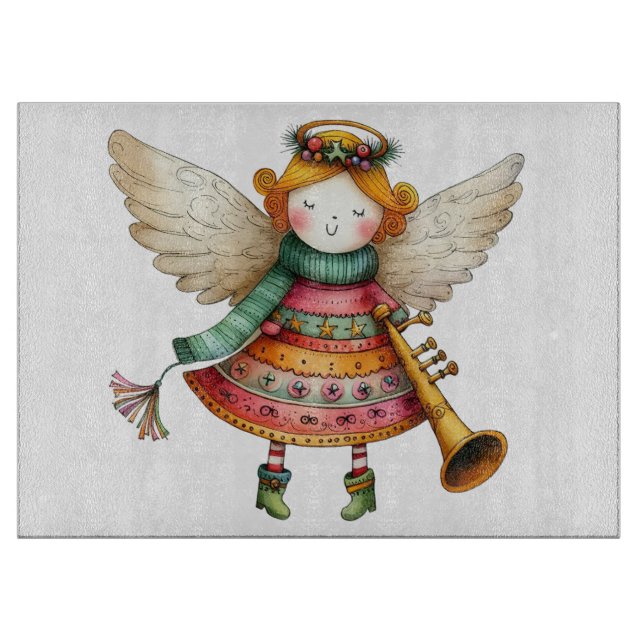 Cute Christmas Folk Art Angel Cutting Board (Front)