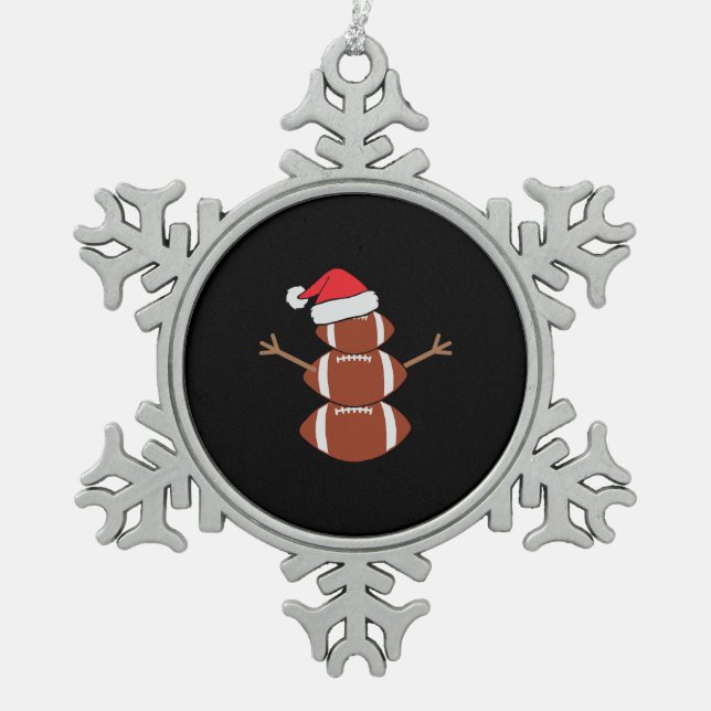 Cute Christmas Football Snowman Santa Hat Funny Snowflake Pewter Christmas Ornament (Front)