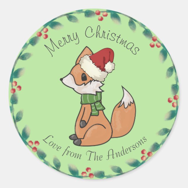 Cute Christmas Fox and Wreath Custom Text Classic Round Sticker (Front)