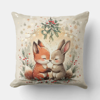 Cute Christmas Fox & Bunny Under Mistletoe Pillow