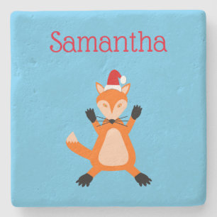 Cute Christmas Fox Custom Name Stone Coaster