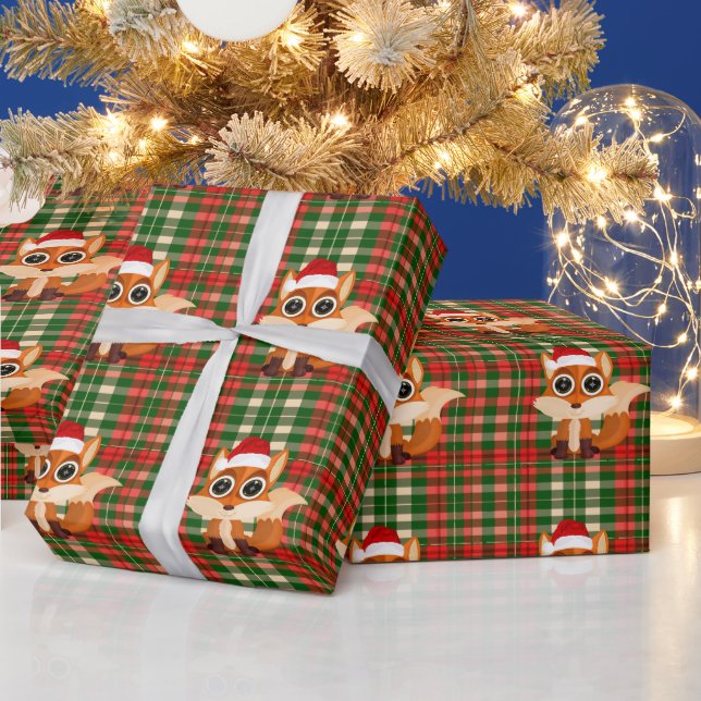 Cute Christmas Fox Pattern Cheerful Holiday Plaid  Wrapping Paper (Holidays)